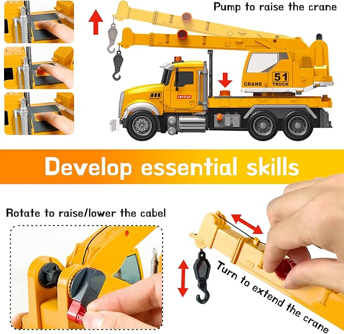 MOBIUS Toys Crane Truck Toy Set – Kids Construction Crane w/Extending Arm, Rotation, Props & Buttons + Sounds & Lights – Toy for Boys Age 4-7, Girls 3 Years Old+