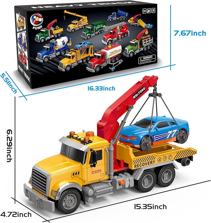 Dwi Dowellin Kids Toys for 3 4 5 6 7 Years Old Boys, 15" Large Tow Truck Toy,Friction Powered Transport Truck Crane Toy with Lights and Sounds,with Roadster,Toddlers Gifts