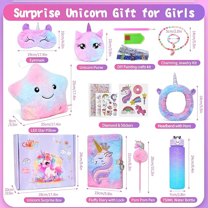 Unicorn Gifts for Girls Age 4 5 6 7 8 9 10, Girls Unicorn Birthday Gifts Set with Light Up Star Pillow Diary Plush DIY Water Bottle Kits Toys