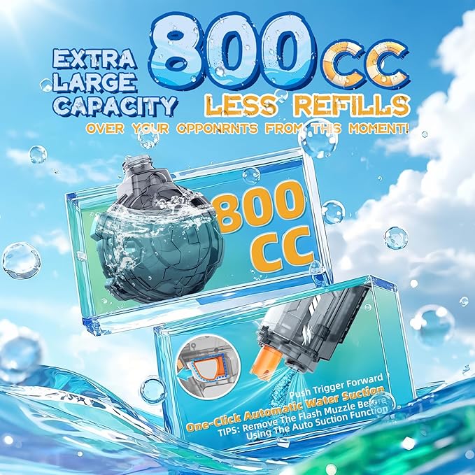 Electric Water Gun 2 Pack for Adults and Kids, Light Up Automatic Squirt Gun Watergun, 800CC Large Capacity, 26-33 FT Long Range, Summer Outdoor Beach Pool Party Toy Gift