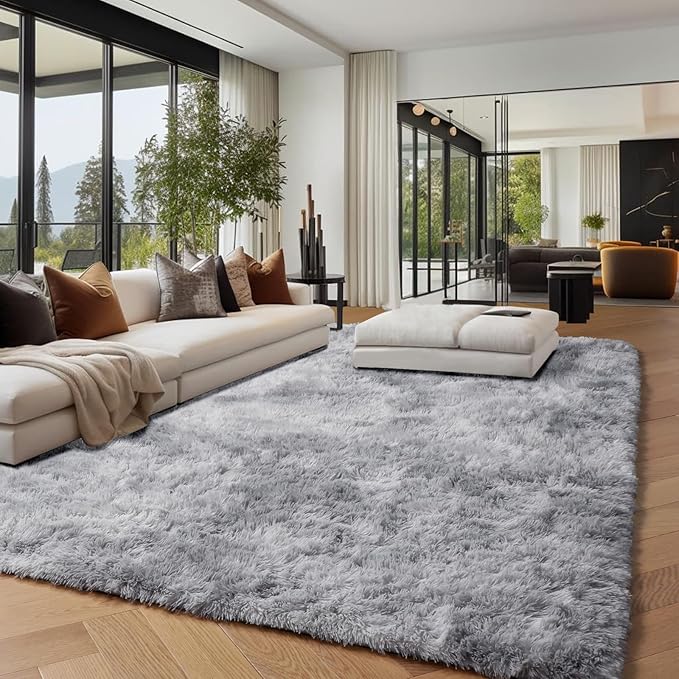 PAGISOFE Abstract Shaggy Machine Washable Area Rug 4' x 6' Plush Soft Fluffy Fuzzy Furry Carpet for Living Room, Home Decor Aesthetic Tie-Dyed Light Grey Bedside Rugs, Nursery Grils Boys Kids Room