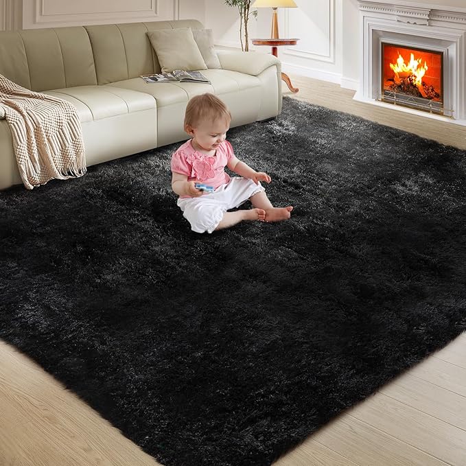 Ultra Soft Rug for Living Room,Black Fluffy Shag Area Rug for Bedroom, Modern Shaggy Carpets Fuzzy Rug for Kids Boys Girls Dorm Nursery Home Decor Aesthetic, Upgrade Anti-Skid Durable, 3X4