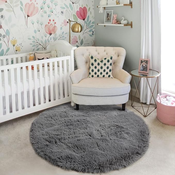 Amdrebio Grey Round Area Rugs 7Ft for Living Room, Large Shag Fluffy Circle Rug for Bedroom, Big Soft Thick Plush Carpet for Kids Room, Modern Furry Fuzzy Circular Gray Rug for Classroom Apartment