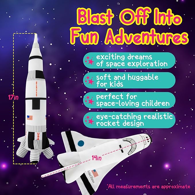 Space Shuttle Plush Toy 14 " & Saturn Rocket 17 ", Mission Ship for Kids, Christmas & Birthday Gifts for Little Astronauts, Boys & Girls, Soft & Huggable, Fun, Great for Imaginative Play
