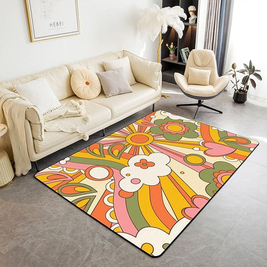 Erosebridal 60S 70S Hippie Area Rug 4x5 Vintage Boho Sun Carpet Groovy Flowers Clouds Love Hearts Decorative Rug for Kids Girls Teens,Abstract Vintage Floral Washable Rug for Bedside