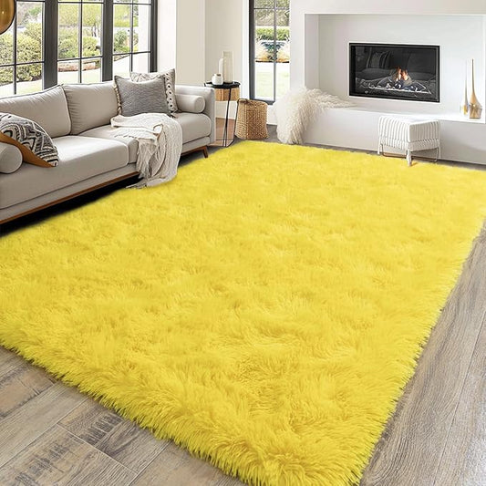 Super Fluffy Area Rug for Bedroom, Modern Shag Yellow Area Rugs, Soft Plush Small Carpet for Kids,Girls Boys and Teens Decorations for Living Room Dorm Nursery Classroom, 5x7 Feet
