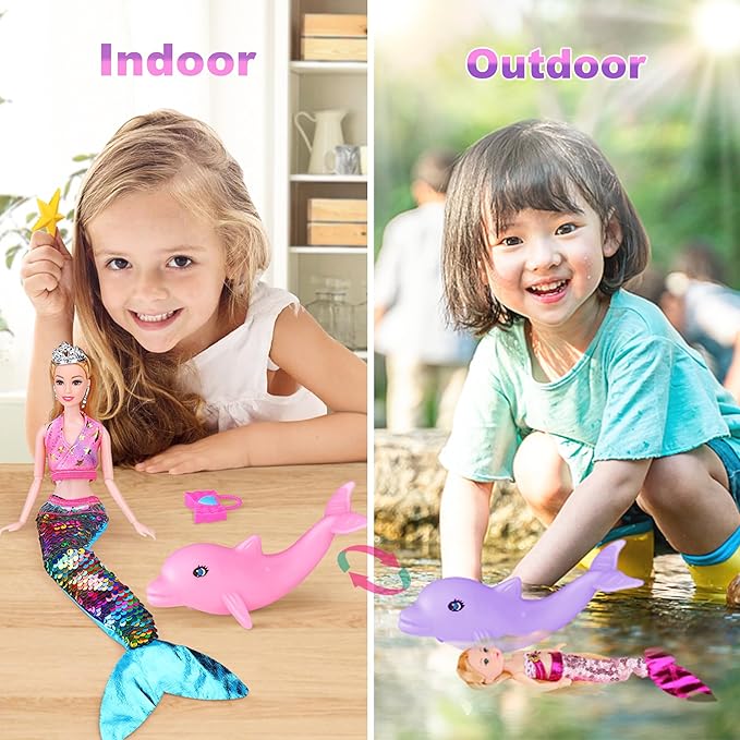 Magical Mermaid Dolls Set for Girls 4-7 - Princess Twin Dolls with Color-Changing Purple Dolphin, Summer Outfits & Sparkling Accessories (Crown, Flip Scales, Starfish Comb) Water Play Birthday Gift