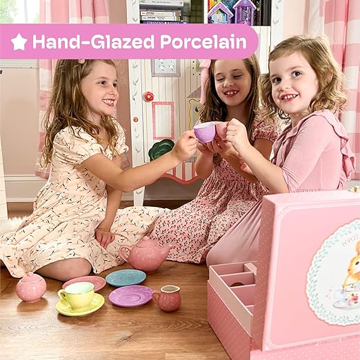 Jewelkeeper 13 Piece Complete Toddler Porcelain Tea Party Set - Exquisite Tea Cup Set for Little Girls - Includes Sugar Bowl, Creamer, Saucers in a Carrying Case - Colorful Pastel Dots