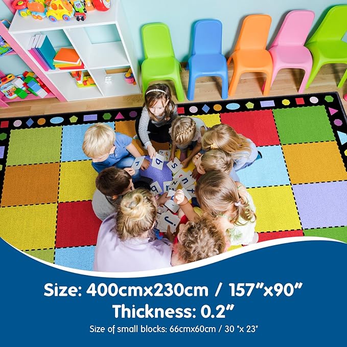Booooom Jackson Classroom Rug Elementary, Large Square Classroom Carpet for School, Colorful Classroom Area Preschool Rug with Non-Slip Backing,7.5 x 13 ft