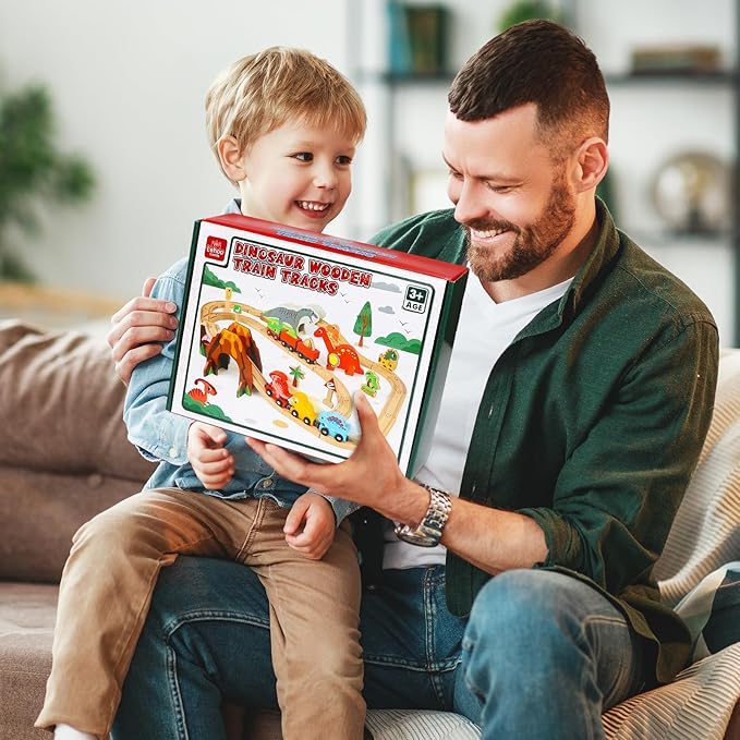Lehoo Castle Wooden Train Set, Dinosaur Wooden Train Track Set, Wood Toy Train Set for Toddlers 2-4, Train Toys for Toddlers 3-5, Fits Thomas, Fits Brio, Fits Melissa and Doug