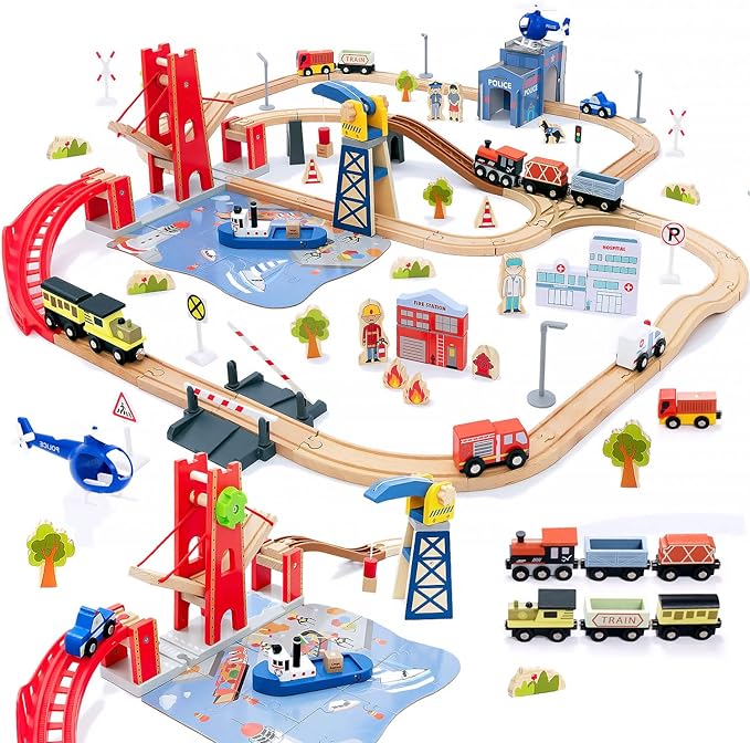 Giant bean 117 Pcs Busy Port City Train Set for Kids- Expandable & Changeable Wooden Train Track Set Toy, for Boys & Girls Ages 3-14