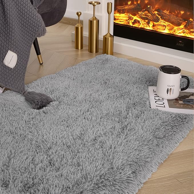 Ompaa Fluffy Grey Hallway Runner Rugs for Bedroom Bed Side Non-Slip, 2x6 Feet Long Carpet Rug Runner for Entrance Living Room Dorm, Plush Kids Playroom Baby Girls Nursery Decor Mats