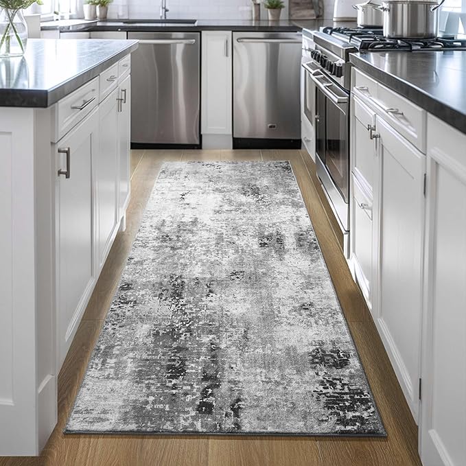 Runner Rug for Hallways Kitchen Runner Rug Non Slip 2'6''x8' Washable Grey Long Runner Rugs with Rubber Backing Soft Abstract Carpet Runner for Entryway, Kitchen, Bedroom, Bathroom
