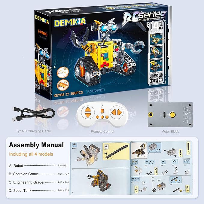 Robot Building Kit for Kids and Adults, Rechargeable 4-in-1 Remote/APP Controlled RC Robotics Kit, Coding Science Projects STEM Toys, Birthday Gifts for Boys Ages 8-12+ (588 Pcs)