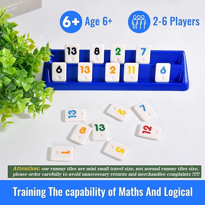 Doublefan Mini Rummy Cube Game, Mini Size Rummy Set with Portable Canvas Bag, Small Travel Board Game for Adult and Kids,160 Tiles, 6 Playing Rack, 1 Dice (2-6 Players)