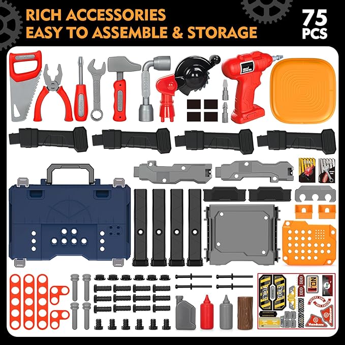 Kids Tool Bench Set with Electric Drill and Chair,Construction Workbench Toys for Toddlers 3-5,Kids Tool Play Set,Multifunctional Transformable Toolbox,Boy Gift for 3 4 5 Years Old