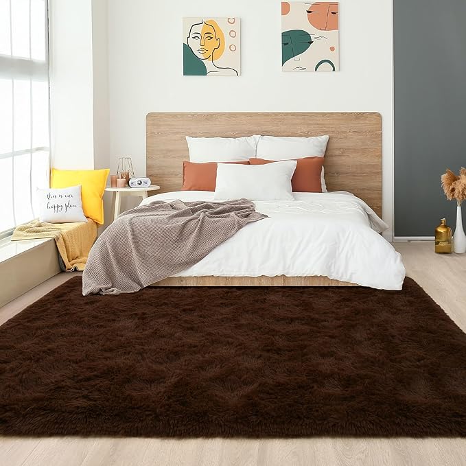 Amearea Premium Soft Fluffy Rug Modern Shag Carpet, 4x5.3 Feet, Fuzzy Shaggy Rugs for Bedroom Living Room Teen Apartment Decor, Comfortable Indoor Furry Dorm Carpets, Brown