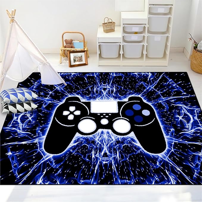 Game Controller Gaming Rugs Art Abstract Background Open Space Gamer Rug Hyperspace Home Decoration for Teen Boys Game Style Bedroom Living Playing Room Black Blue