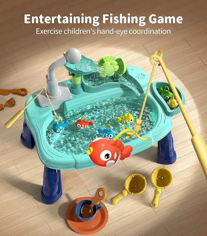 Geyiie Play Sink with Running Water, 14.5''L x 9.4''W x 11.6''H Mini Kitchen Sink Toys for Toddlers, Includes Electric Faucet, Play Food, Fishing Game and Waterwheel - Sensory Toys for Girls and Boys