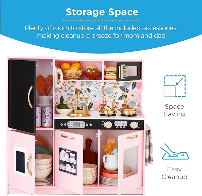 Best Choice Products Pretend Play Kitchen Wooden Toy Set for Kids w/Realistic Design, Telephone, Utensils, Oven, Microwave, Sink - Pink Floral