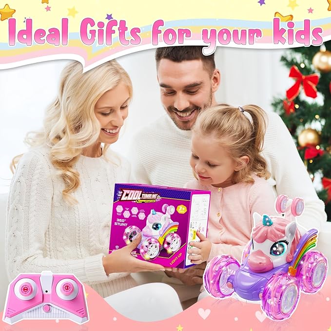 Unicorn Remote Control Car for Girls, 360° Rotating 4WD Stunt RC Cars with Cute Lights, Rechargeable Car Toys Birthday Gifts for Kids Girl Age 3 4-6 6-8