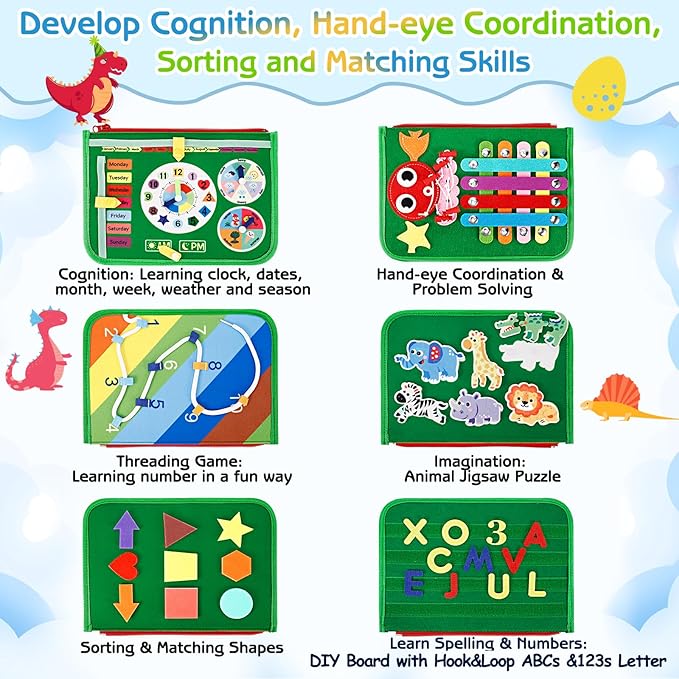 Esjay Toddler Busy Board Montessori Toys, Sensory Board Educational Activities for Learning Fine Motor Skills, Gifts for Girls Boys Toddlers, Travel Toys for Airplane Car,Green Dinosaur