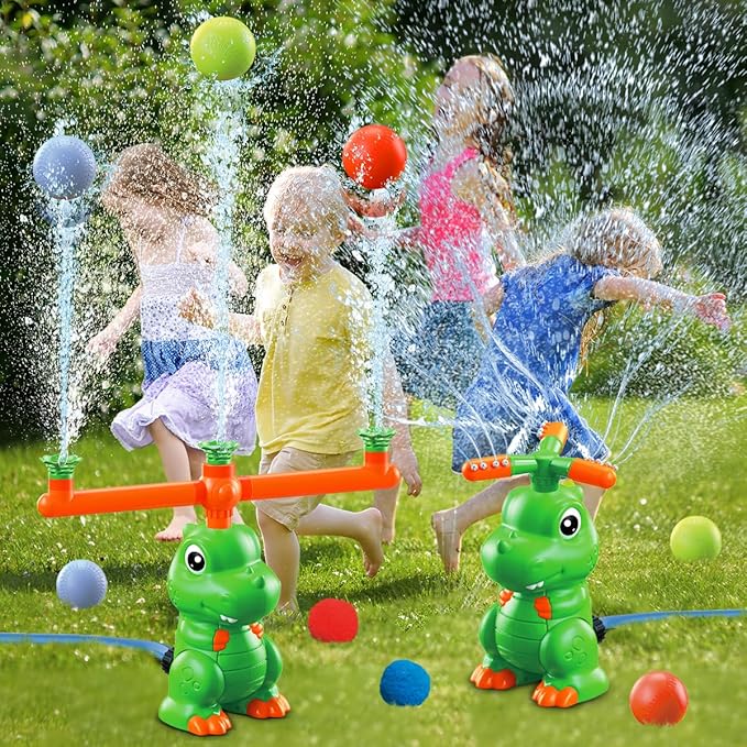 VATOS Water Sprinkler Baseball Outdoor Toy for Kids, 4 in 1 Dinosaur 360° Spin Sprinkler Water Tee-Ball & Ball, Summer Fun Play Games Outside Backyard Yard Garden Lawn for Toddlers Boys Girls