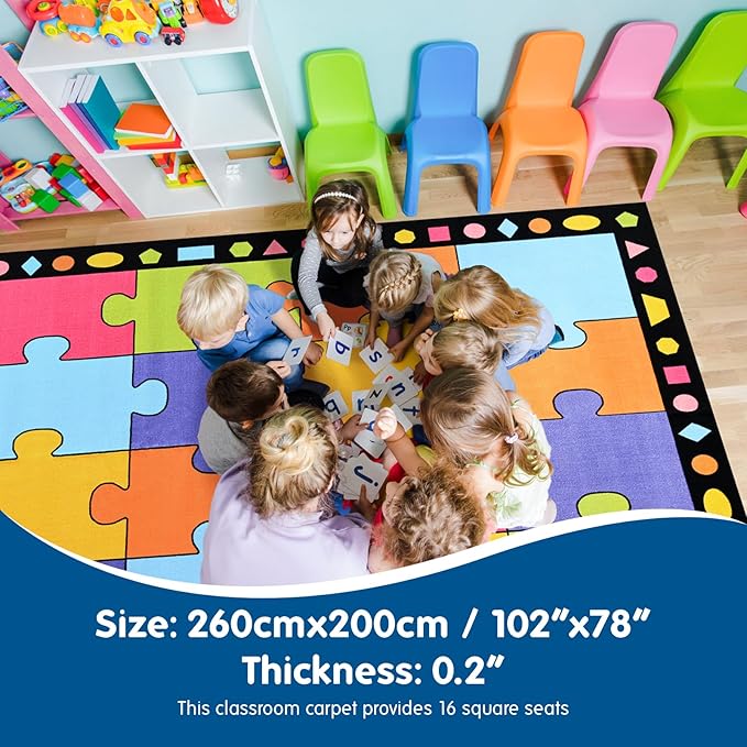 Booooom Jackson Classroom Rug 16 Seats 6'5" x 8'5" Kids Rug for Playroom Kindergarten Pre-K Preschool Homeschool Learning Library Reading Circle Time Activity Colorful Soft Non-Slip with Hard Floor