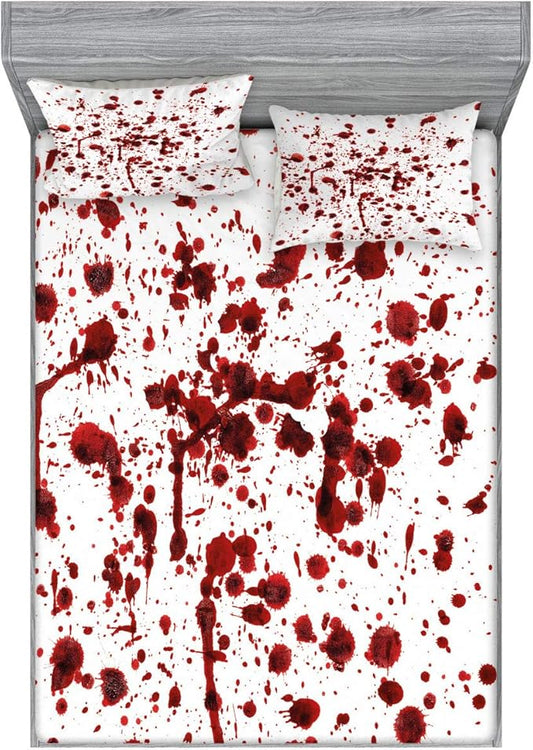 Ambesonne Horror Fitted Sheet & Pillow Sham Set, Splashes of Blood Grunge Style Bloodstain Horror Scary Zombie Halloween, Decorative Printed 3 Piece Bedding Decor Set, Calking, Scarlet White