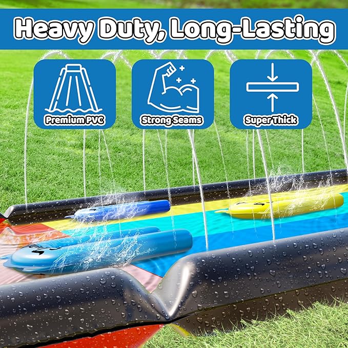 JAMBO 20Ft XL Premium 3 Lane Slip Splash and Slide with 3 Bodyboards, Heavy Duty Water Slide- Advanced 3-Way Water Sprinkler System, Backyard Waterslide Outdoor Water Toys n Slides for Kids Splash Pad