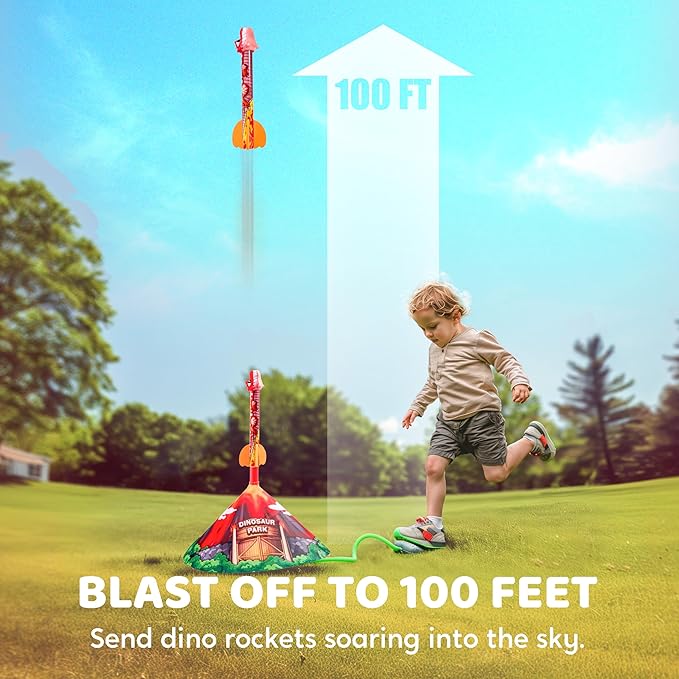 JOYIN Dinosaur Toy Rocket Launcher for Kids, 6 Dinosaur Foam Rockets, Launch up to 100 ft, Family Fun, Birthdays, Gift for Kids Boys 3 4 5 6 7 8 Years Old