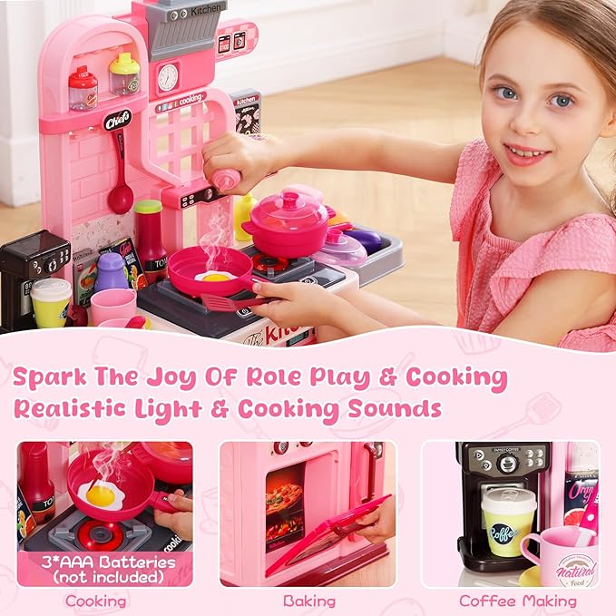 Kids Kitchen Playset, 27.1 Inches Play Kitchen with Sound and Light, Kitchen Set for Toddlers 1-3 3-5, Cooking Stove, Play Sink and Kitchen Accessories, Toy Kitchen (Pink)
