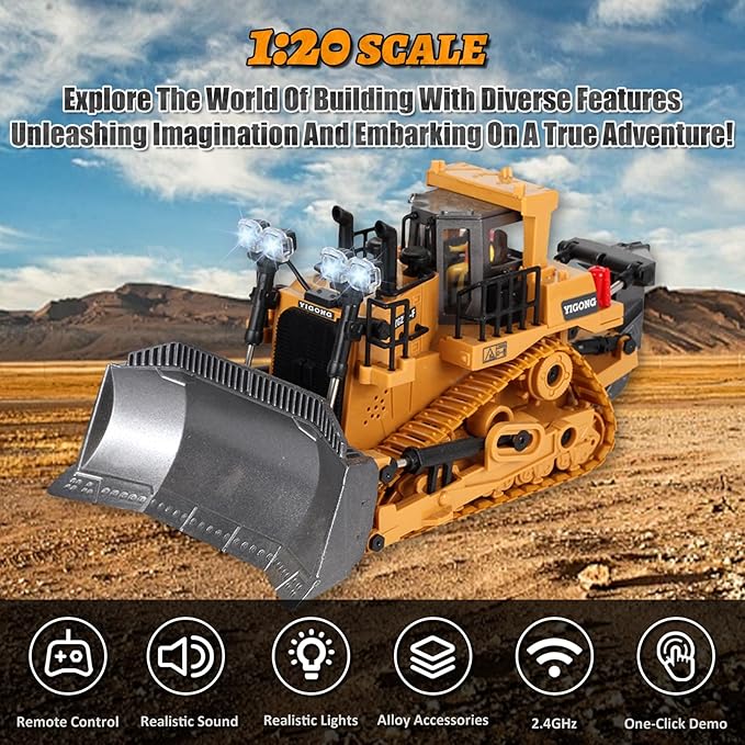 9 Channel 2.4GHz Remote Control Bulldozer, High Performance Simulation Construction Vehicle with Realistic Lights and Sounds, Ideal Gift for Kids Aged 6+ (Bulldozer)