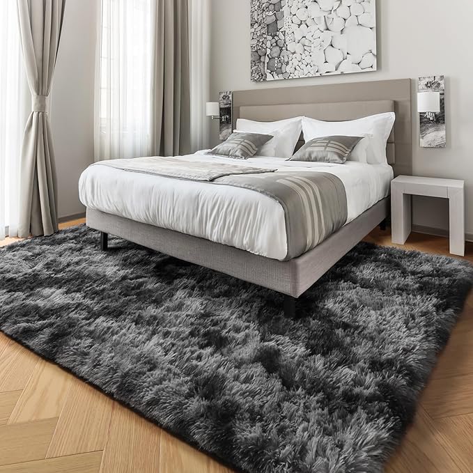 PAGISOFE Abstract Shaggy Area Rug 6x9 Feet,Plush Fluffy Rugs for Living Room,Tie-Dyed Grey Soft Rug for Bedroom,Furry Rugs for Girls Boys Kids Room,Extra Large Fuzzy Rug, Shag Carpets for Room Decor