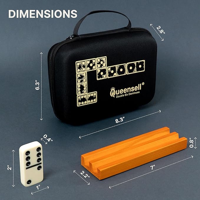 Queensell Dominos Set for Adults with 4 Domino Racks - Double 6 Dominoes Set with Domino Holder, Classic Board Games for Kids and Adults - Double Six Standard Dominos Set 28 Tiles with Travel Case