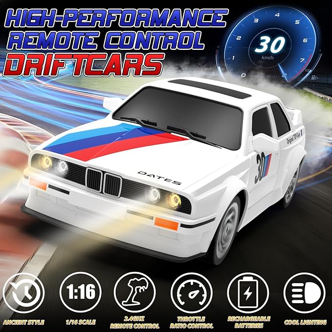 Remote Control Cars 1:16 Scale RC Drift Car 2.4Ghz 30KM/H High Speed 4WD RTR Racing Car with Drift Tires LED Lights 2PCS Rechargeable Batteries RC Sport Cars Toys for Adults Boys Girls Kids Gift