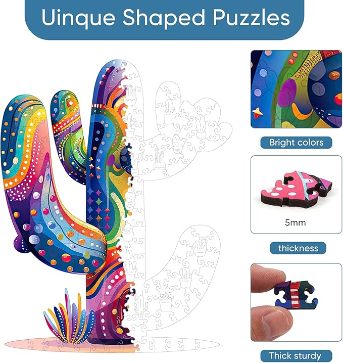 Colorful Cactus Wooden Puzzles, 300 Pieces Jigsaw Puzzles 12.2'' x15.4'', Unique Design Liberty Wooden Puzzles for Adults and Kids, Family Game Gift Royal Size