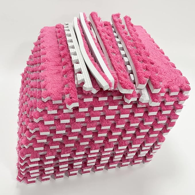 Interlocking Carpet Shaggy Soft EVA Foam Mats Fluffy Area Rugs Protective Floor Tiles Exercise Play Mat for Children Kids Room Home Parlor Bedroom (12 Pcs, Rose)