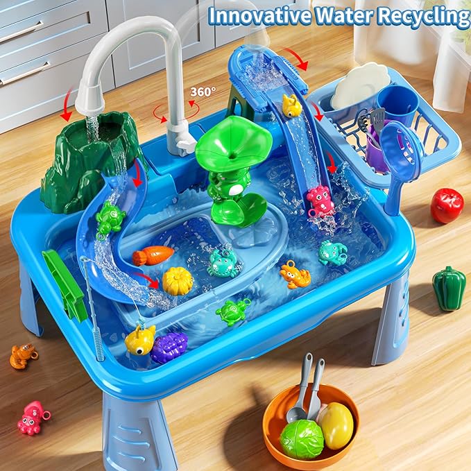 Water Table Play Sink Toy for Kids 2 3 4 5 6 Years Old - Outdoor Kitchen with Running Water, Fishing Games, Toddler Water Play Table for Kids Ages 3-8, Beach Outdoor Toys, Summer Gifts
