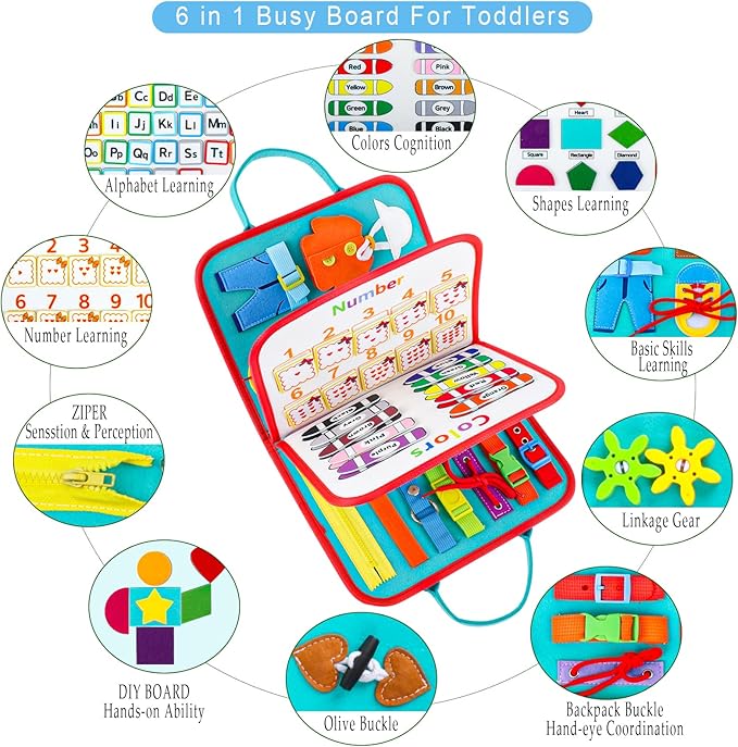 Busy Board Montessori Toys for 1 2 3 4 Year Old Boy & Girl Birthday Gifts, Busy Book for Toddlers 1-3, Sensory Educational Travel Toys, Preschool Activities for Learning Fine Motor Skills