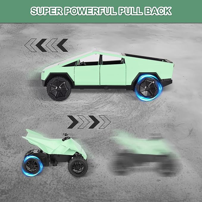 3-in-1 Cybertruck Pickup Sets with RV and Motorcycle，Cyber Truck Pickup Toy with Sounds and Lights, 1/32 Diecast Truck for Kids 3 Year Old and Up, Christmas Birthday Gifts for Boys Girls (Green)