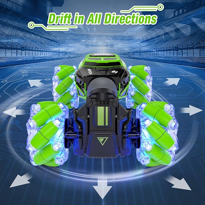 Powerextra LED Gesture Rc Car, 4WD Transform Remote Control Gesture Sensing Car, Double Sided 360° Rotating Off Road Stunt Car with Lights, Toy Car for 6-12 Year Old Boys & Girls