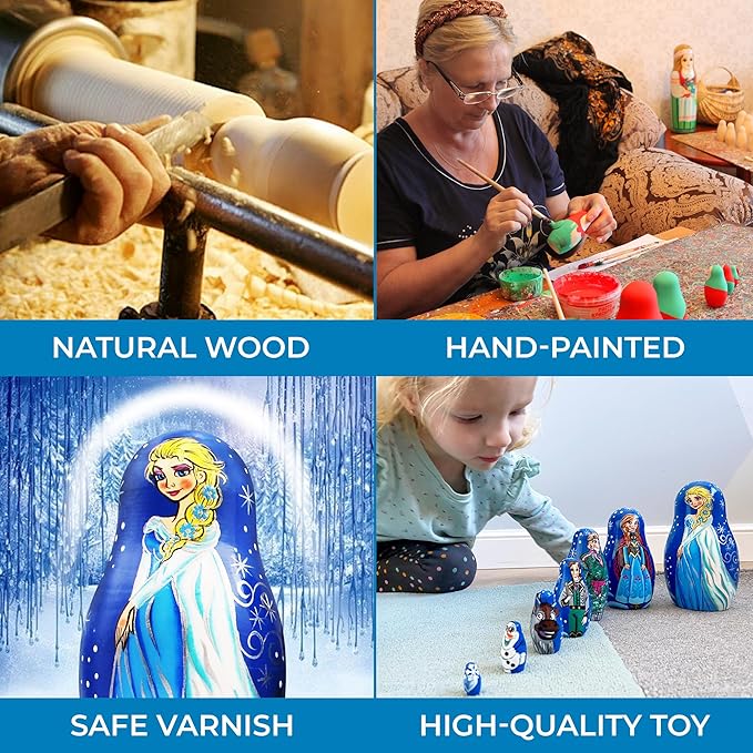 Matryoshka Russian Nesting Doll Babushka Beautiful Cartoon Characters Frozen Elsa Set 7 Pieces Pcs Wooden Hand Painted Souvenir Craft Gift