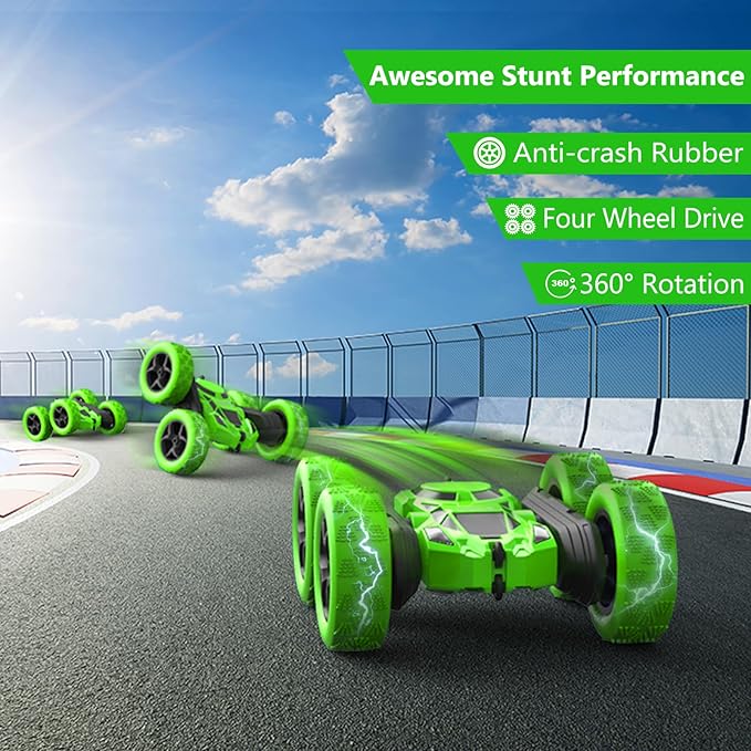 Remote Control Car - RC Car Toys for Boys - 4WD 2.4Ghz Double Sided 360° Rotating RC Cars, Birthday Gifts for Kids Age 6 7 8-12 for Boys and Girls- Green