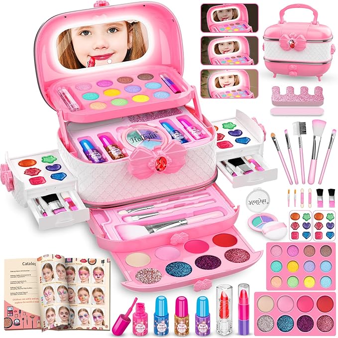 58Pcs Kids Makeup Kit for Girl - Real Washable Cosmetic Set with Light Up Mirror - Kids Makeup Sets for Girls -Play Make Up Birthday for Age 3 4 5 6 7 8 9 10 11 12 Years Old Kid -Pink