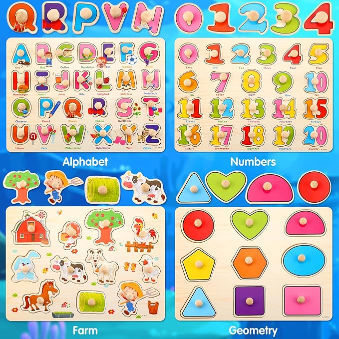 Chivao 8 Set Wooden Peg Puzzles for Toddlers 2-4 Years Alphabet Number Animal Vehicles Puzzles Board for Kids Educational Learning Toys for Children Babies Boys Girls(Cute)