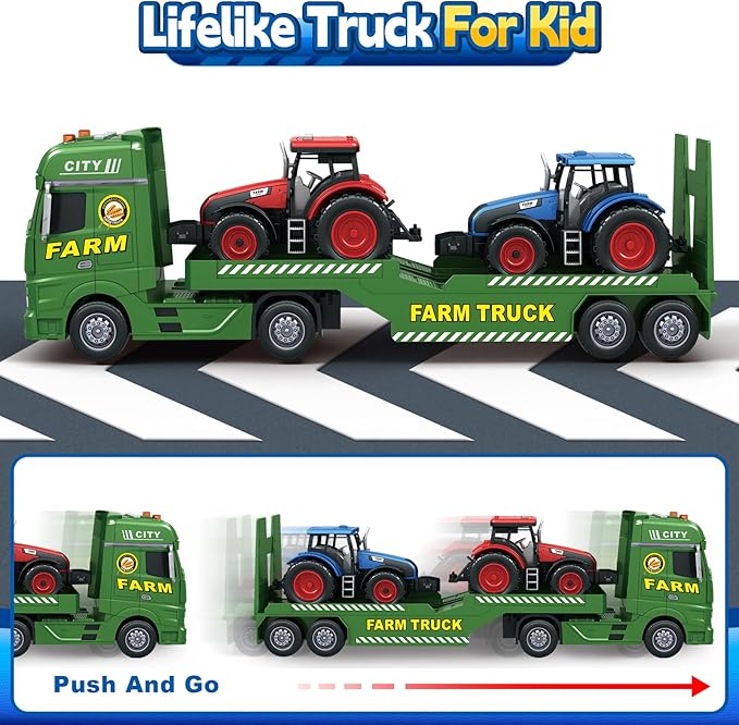 SpringFlower Toddler Boy Truck Toys, 25" Large Farm Vehicles with Tractors, 3 in 1 Farm Truck Boy Toy, Christmas & Birthday Gifts for Kids 3-6 Years Old