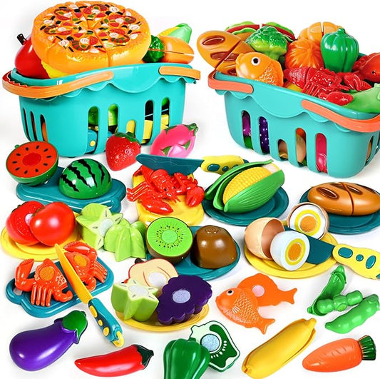 100 Pcs Play Food Set for Kids Kitchen, Pretend Food Toy for Toddlers Age 1-3, Plastic Cutting Fake Food/ Fruit/ Vegetable Accessories with 2 Baskets, Birthday Gifts for 2 3 4 5 Years Old Boys Girls