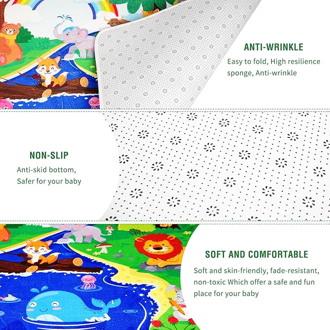 Kids Play Rug for Floor - Animal Print Baby Mat, ABC Educational, Non-Toxic & Soft for Crawling & Tummy Time, Nursery Rug (Green, 59x39.4 INCH)
