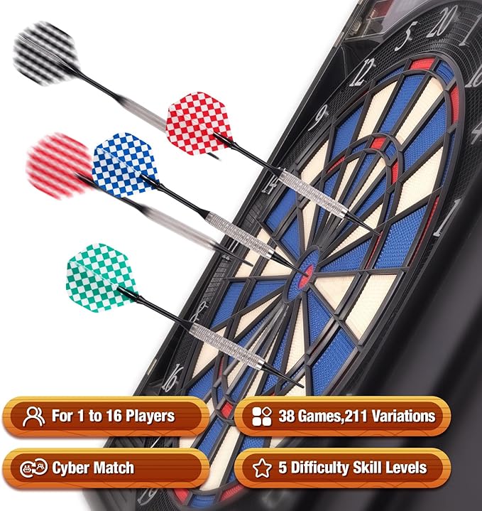 WIN.MAX Electronic Dart Board Cabinet Set, LED Electric Digital Soft Tip Dart Boards for Adults with Cabinet, up to 16 Players, 38 Games and 211 Variations with 12 Soft Tip Dartboard Set